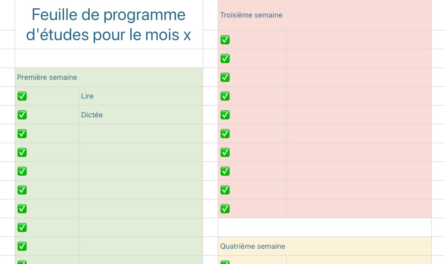 Tableau du Programme d'études mensuel